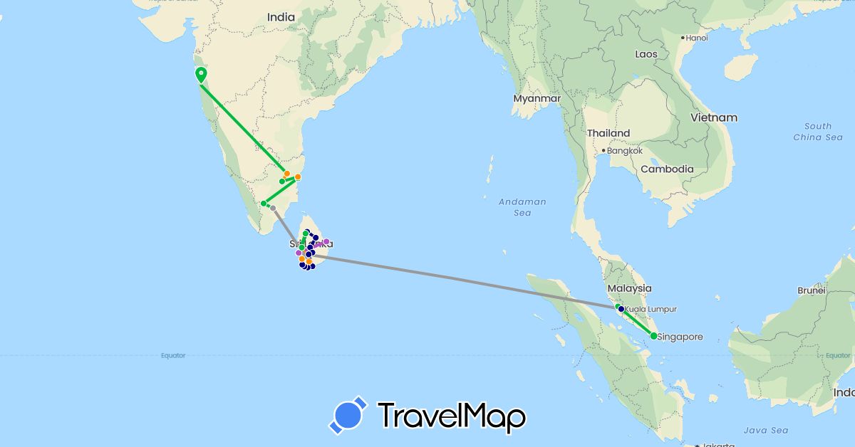 TravelMap itinerary: driving, bus, plane, train, hitchhiking in India, Sri Lanka, Malaysia, Singapore (Asia)